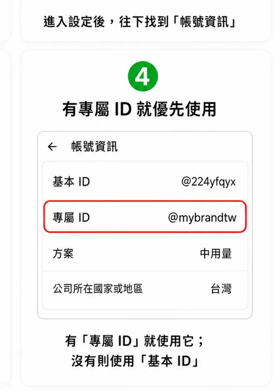 步驟 4：有「專屬 ID」就使用它；沒有則使用「基本 ID」